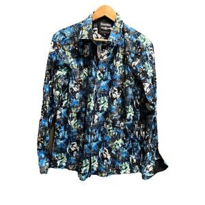 Barabas Black Blue Graphic Men's Button Up Collared Dress Shirt Size XL